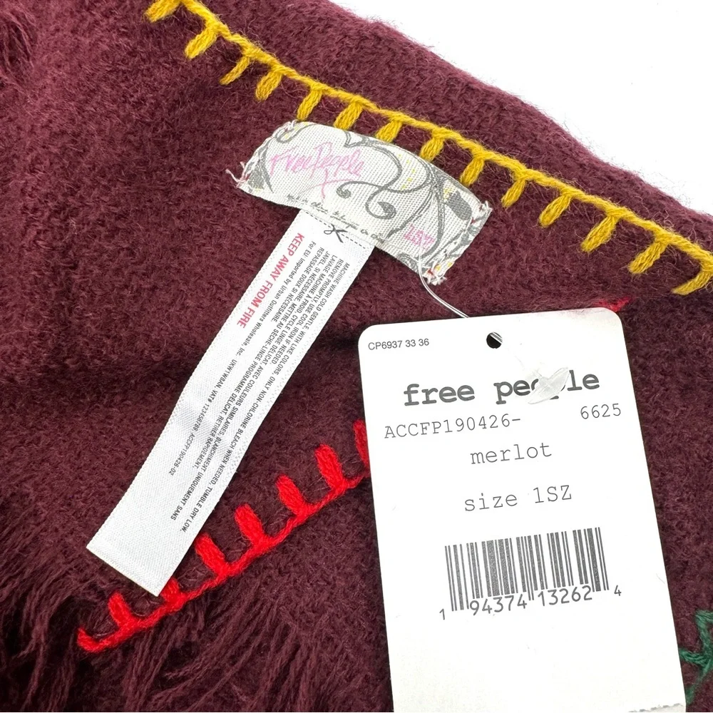 FREE PEOPLE Common Thread NEW Boho Blanket Stitch Scarf Merlot NEW With Tag